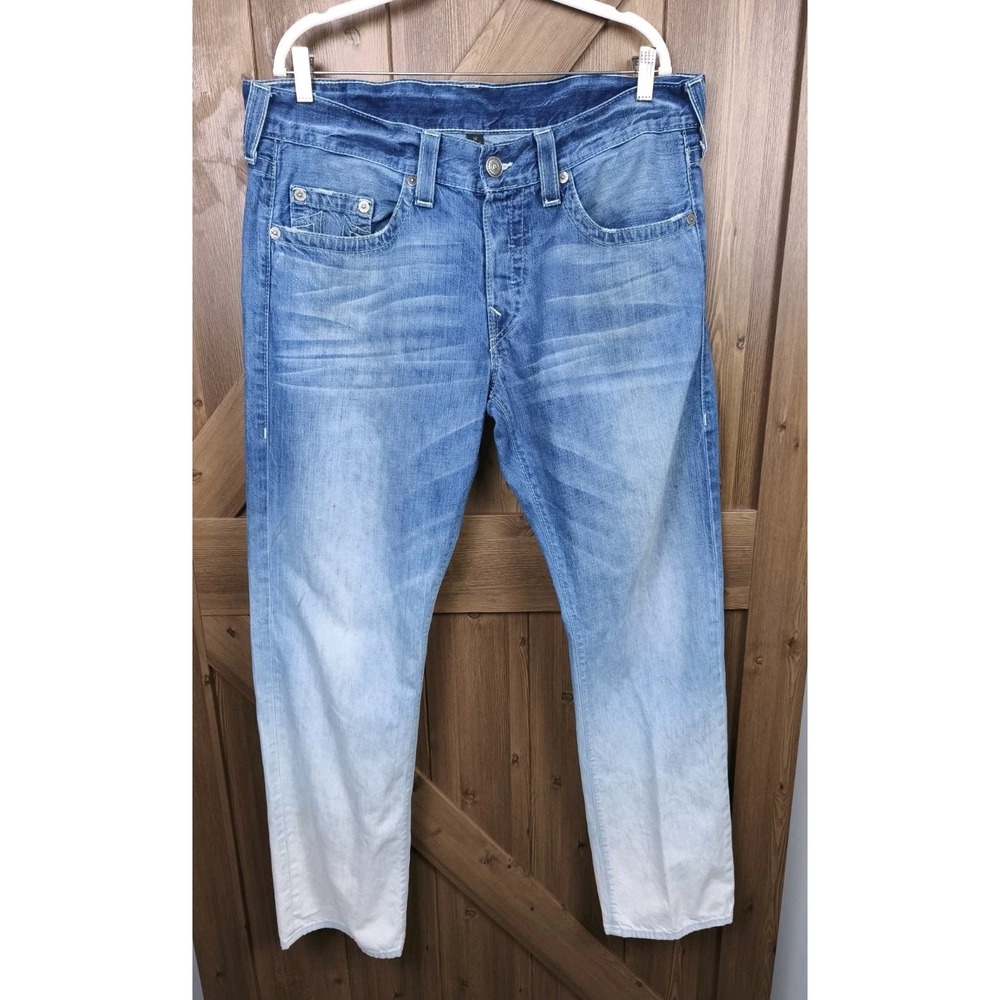 True Religion Geno Slim Straight Ombre Dip Dye Blue White Jeans Mens 38 USA Made